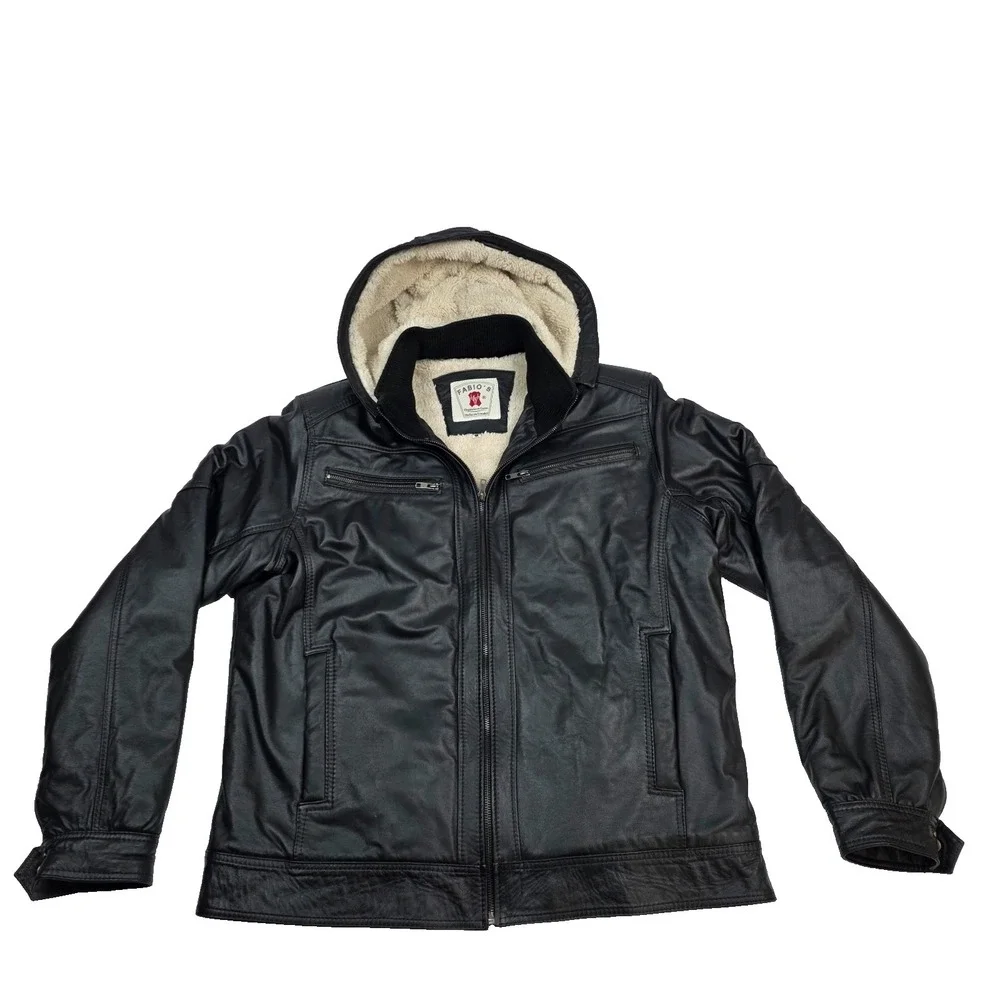 Fabio's 100% Bovine‎ Leather Hooded Leather Jacket with Fleece Lining Size 44
